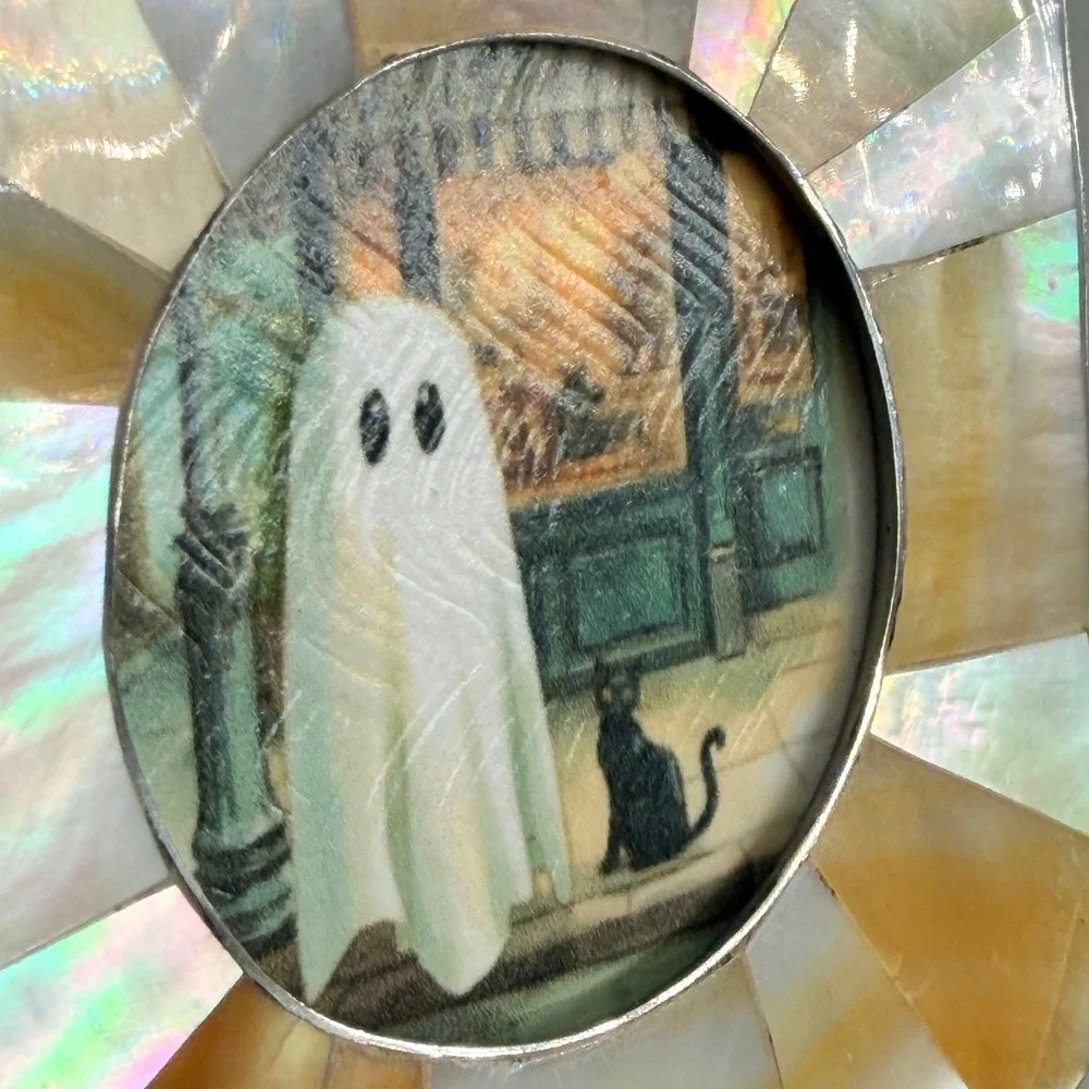 Vintage Mother of Pearl Mini Frame Ghost and Black Cat Decoupage Art Print 2.5in